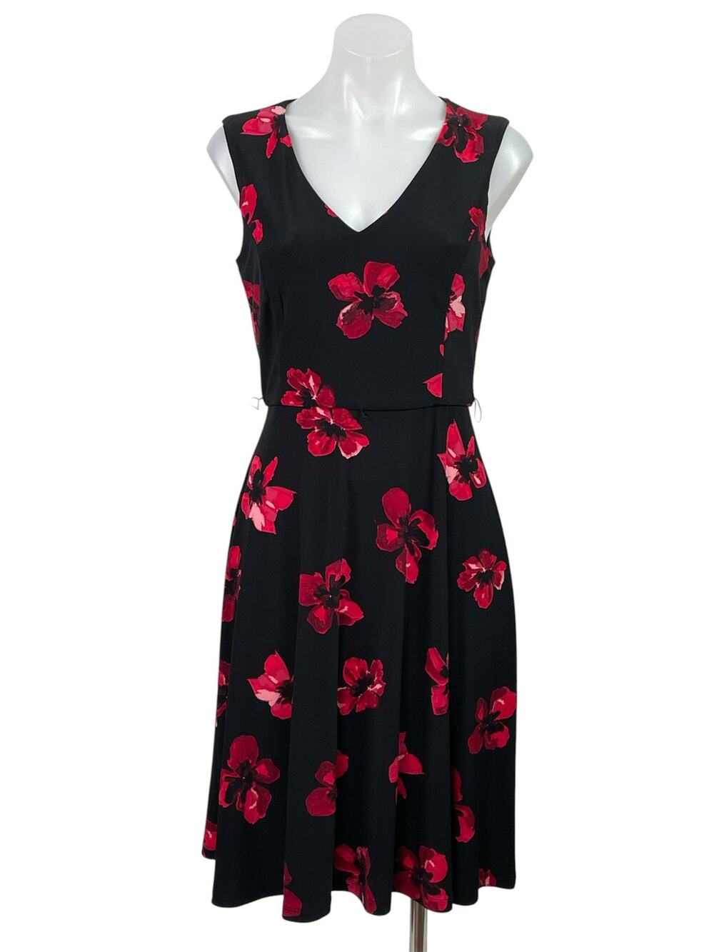 Tommy Hilfiger Black Red Floral Sleeveless V Neck Fit & Flare Mini Dress Size 4